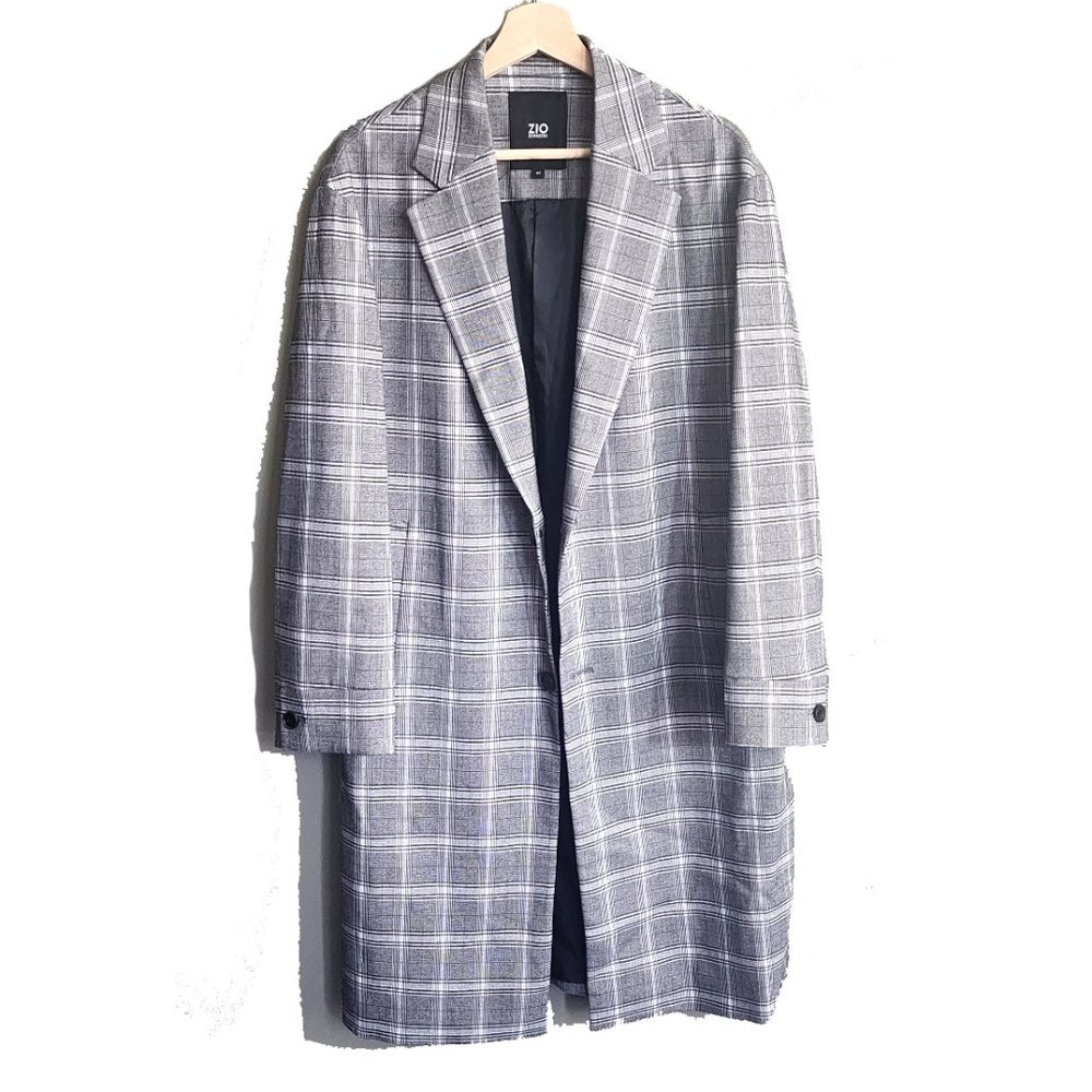Grey Check Pattern Long Coat for Men